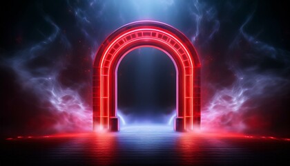 Poster - Neon light RED arch. A door with a glow of smoke in space. Portal frame with laser effect on a black background. Led beam in the shape of a gate.