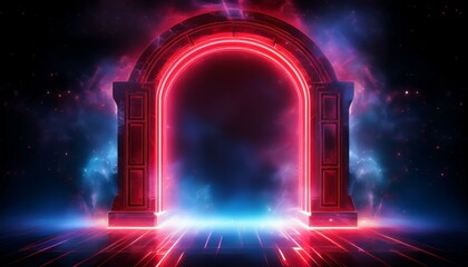 Poster - Neon light RED arch. A door with a glow of smoke in space. Portal frame with laser effect on a black background. Led beam in the shape of a gate.