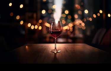 A glass of red wine sits on a wooden table with a blurred background of warm lights.