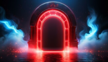 Poster - Neon light RED arch. A door with a glow of smoke in space. Portal frame with laser effect on a black background. Led beam in the shape of a gate.