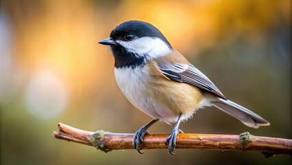 a close up view of a black capped chickadee perched on a branch captured from a unique worm s eye pe