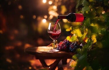 Red wine being poured into a glass with grapes and vine leaves in the background.