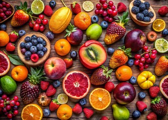 Wall Mural - A delightful display of assorted fruits rests elegantly on a wooden table, radiating a spectrum of vibrant colors