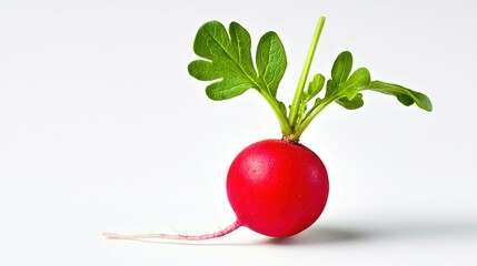 Wall Mural -   Radish in close-up on white background with green leafy stalk extending