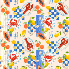 beautiful vector seamless summer vacation seamless pattern. greek pattern with sardines, lemon, oyst