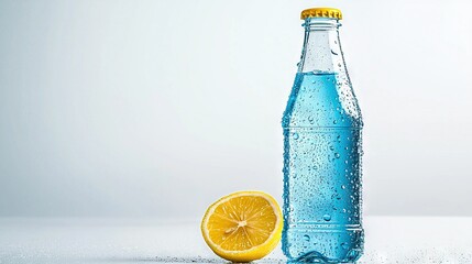 Sticker -   Bottle of water & lemon close-up on white surface