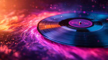Aufkleber - A retro vinyl record spinning in vibrant abstract waves of purple, pink, and blue,