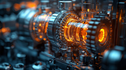 Fototapete - A glowing 3D model of an engine in motion, showing the inner workings of its pistons, gears, and rotating shafts,