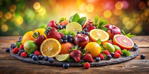 Wall Mural - An eye-catching circular display of fresh, vibrant fruits, artfully arranged in a lively composition against a warm