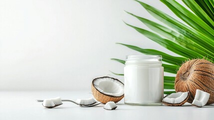 Wall Mural -   Two coconuts near a jar of coconut oil and a spoon holding some