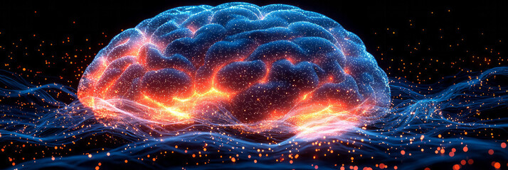 Poster - A futuristic brain made of glowing, colorful light trails,