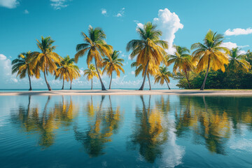 Aufkleber - A serene tropical island surrounded by lush greenery and white sandy beaches,