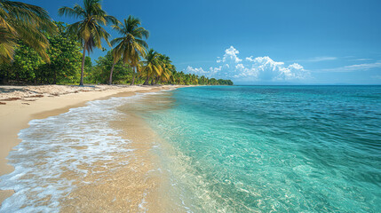 Fototapete - A stunning tropical paradise with crystal-clear turquoise waters and vibrant palm trees swaying in the breeze,