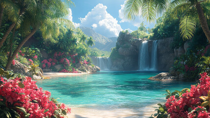 Aufkleber - A hidden tropical cove surrounded by towering palm trees and exotic flowers,