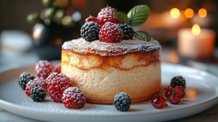   A white plate featuring a cake dusted with powdered sugar and garnished with raspberries and blackberries