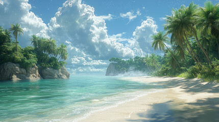Aufkleber - A tropical paradise with a secluded beach lined with palm trees,