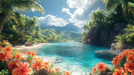 Aufkleber - A vibrant tropical oasis with colorful flowers, tall palm trees, and a serene blue lagoon,