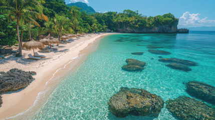 Aufkleber - A pristine tropical beach with crystal-clear water and vibrant coral reefs,