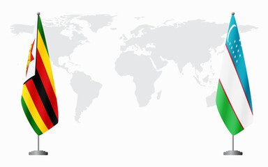 Zimbabwe and Uzbekistan flags for official meeting against background of world map.