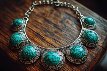 Wall Mural - Silver Necklace with Turquoise Gemstones on Wooden Background