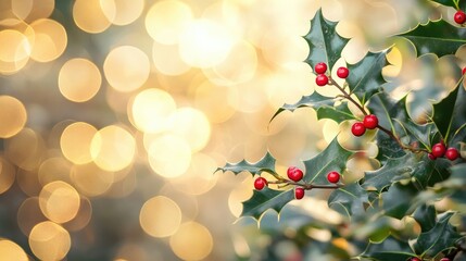 Close-Up of Vibrant Holly Leaves and Red Berries with Soft Blurred Background