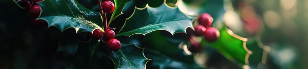 Close-Up of Vibrant Holly Leaves and Red Berries with Soft Blurred Background