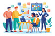 © Ifti Digital - A diverse team collaboratively discussing project updates during a standup meeting at their workplace, Customizable Standup Meeting Illustration