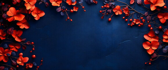 Red flowers frame on dark blue background for floral and design concepts