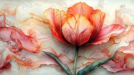 Wall Mural -   A close-up of a flower on a white and pink background, with water droplets and a green stem