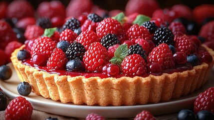   A tart topped with berries  and fresh mint on a white plate