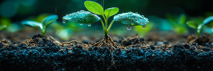 A close-up of plant roots absorbing water and nutrients from the soil,