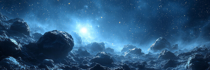 A cosmic scene of an asteroid belt with large rocks floating in space,