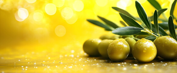 Ripe olives with water droplets on yellow background for gourmet and Mediterranean cuisine concepts