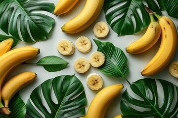 Bright yellow bananas arranged with tropical green leaves on a light background, showcasing freshness and vibrancy of nature