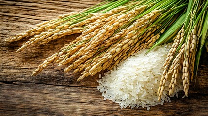 Sticker -   A stack of rice on a wooden table surrounded by green and white rice stalks