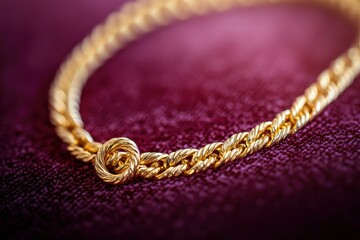 Wall Mural - Close-up of a Gold Chain with a Twisted Knot on a Purple Fabric Background