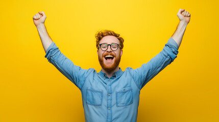 Happy man with raised arms on a yellow background, celebrating success and expressing victory in a casual blue shirt