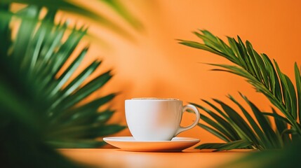 Wall Mural - White coffee cup with saucer on orange background with green palm leaves.