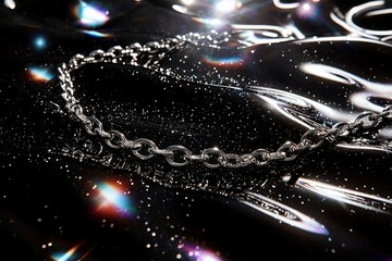 Wall Mural - Silver Chain on Black Glitter Surface with Lens Flare