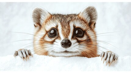 Canvas Print -   A raccoon's close-up profile against a snowy background, as it perches on a wall edge