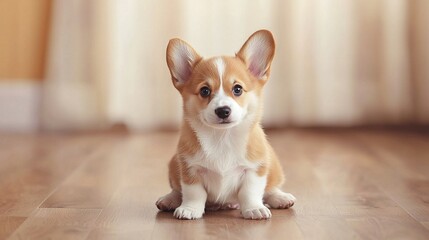 Wall Mural -   A small brown-and-white dog rests atop a hardwood floor beside a white-curtained window