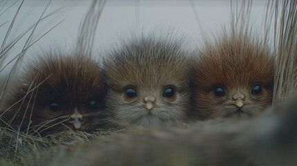 Wall Mural -   A group of small furry animals stand together on a grass-covered field, surrounded by tall grass