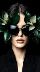 Wall Mural -   A woman adorned with sunglasses, floral hair, a black shirt, and a black blazer