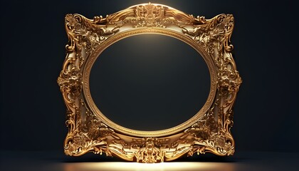 Wall Mural - Elegant Baroque Golden Frame Illuminated Against Dark Background for Creative Copy Space