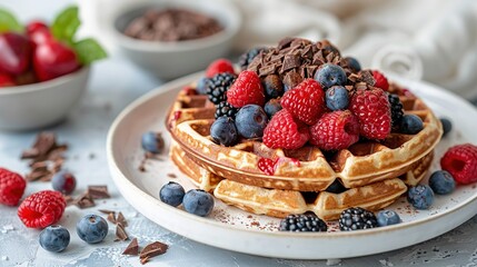 Wall Mural -   A photo of a stack of golden waffles topped with fresh berries and drizzled chocolate, served on a pristine white plate alongside a vibrant bowl of ripe straw