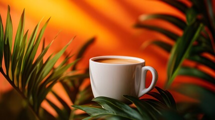 Wall Mural - White cup of coffee with a foamy layer on top, resting on green leaves against an orange and green background.