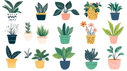 Poster - plants in pots. vector collection of plants on white background. Collection trendy plants and nature homemade flowers in pot interior decoration in flat style. Vector illustration on white background