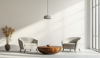 Modern interior design, a minimalist style with white walls and a light gray floor, featuring two chairs in the foreground with brown cushions and an oval pendant lamp hanging above them