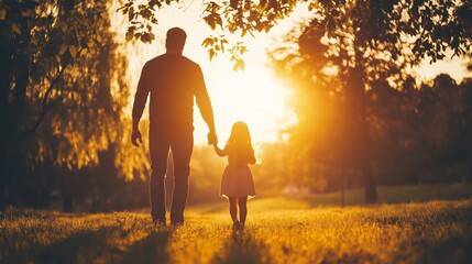 Wall Mural - Father and daughter walking hand in hand during sunset in a park filled with trees and gentle grass