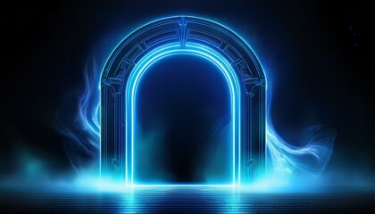 Wall Mural - Neon light blue arch. A door with a glow of smoke in space. Portal frame with laser effect on a black background. Led beam in the shape of a gate.